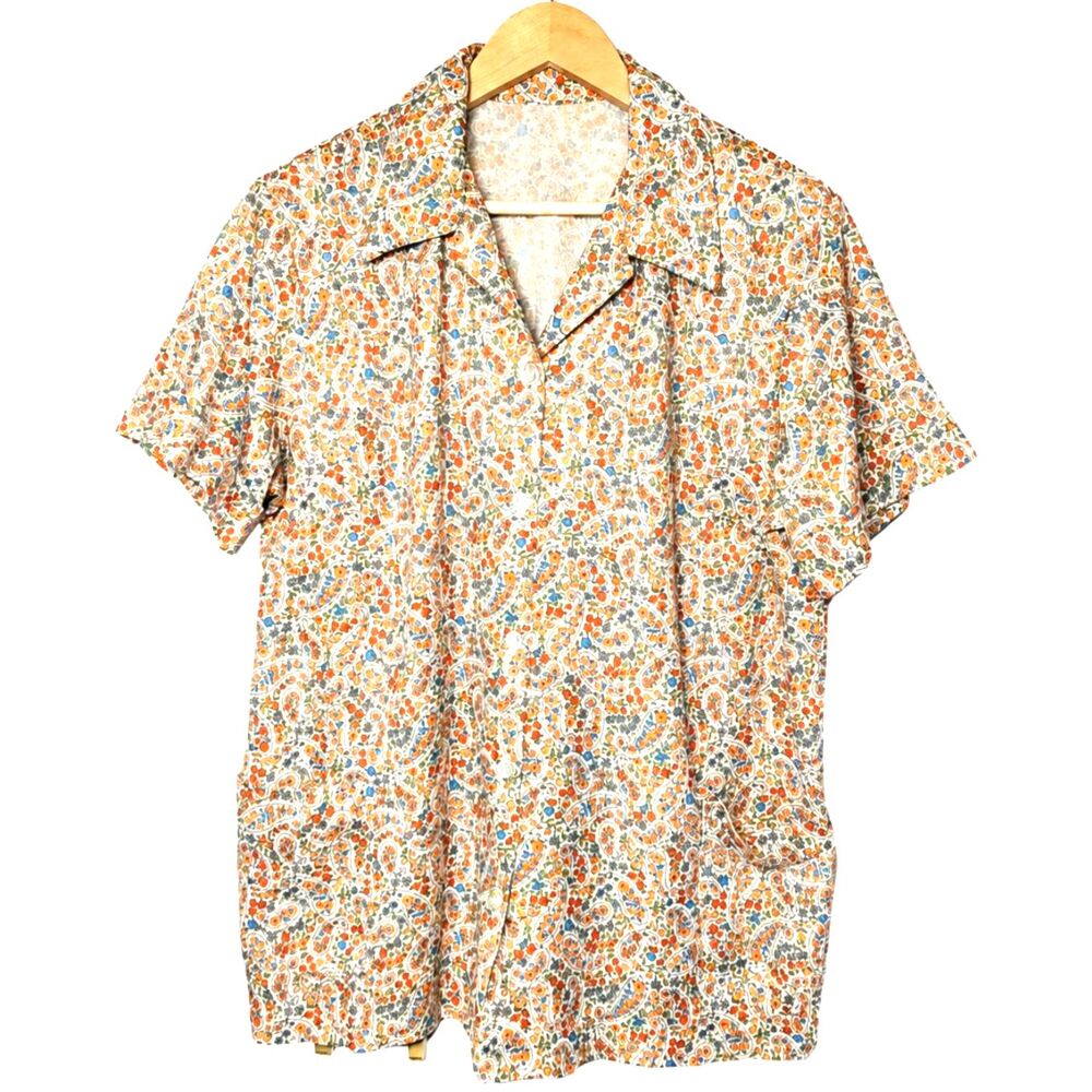 Vintage 70s Handmade Paisley Floral Shirt Short Sleeve Button Up Retro Boho